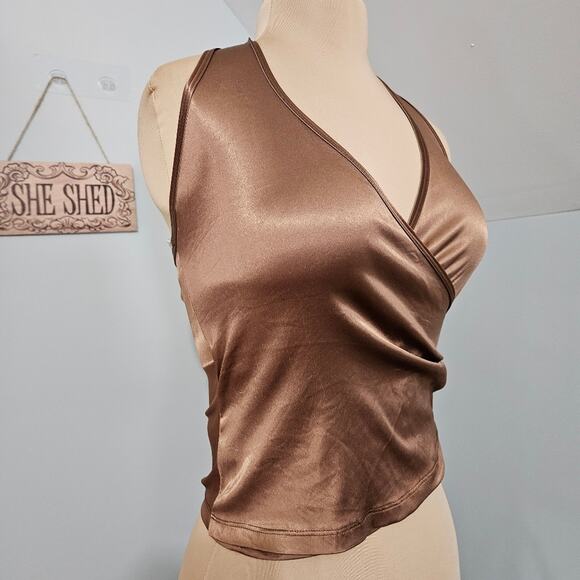 Nally and Millie Bronze Surplice Neck Ruched Side Cropped Halter Top Y2K Medium - Picture 9 of 13